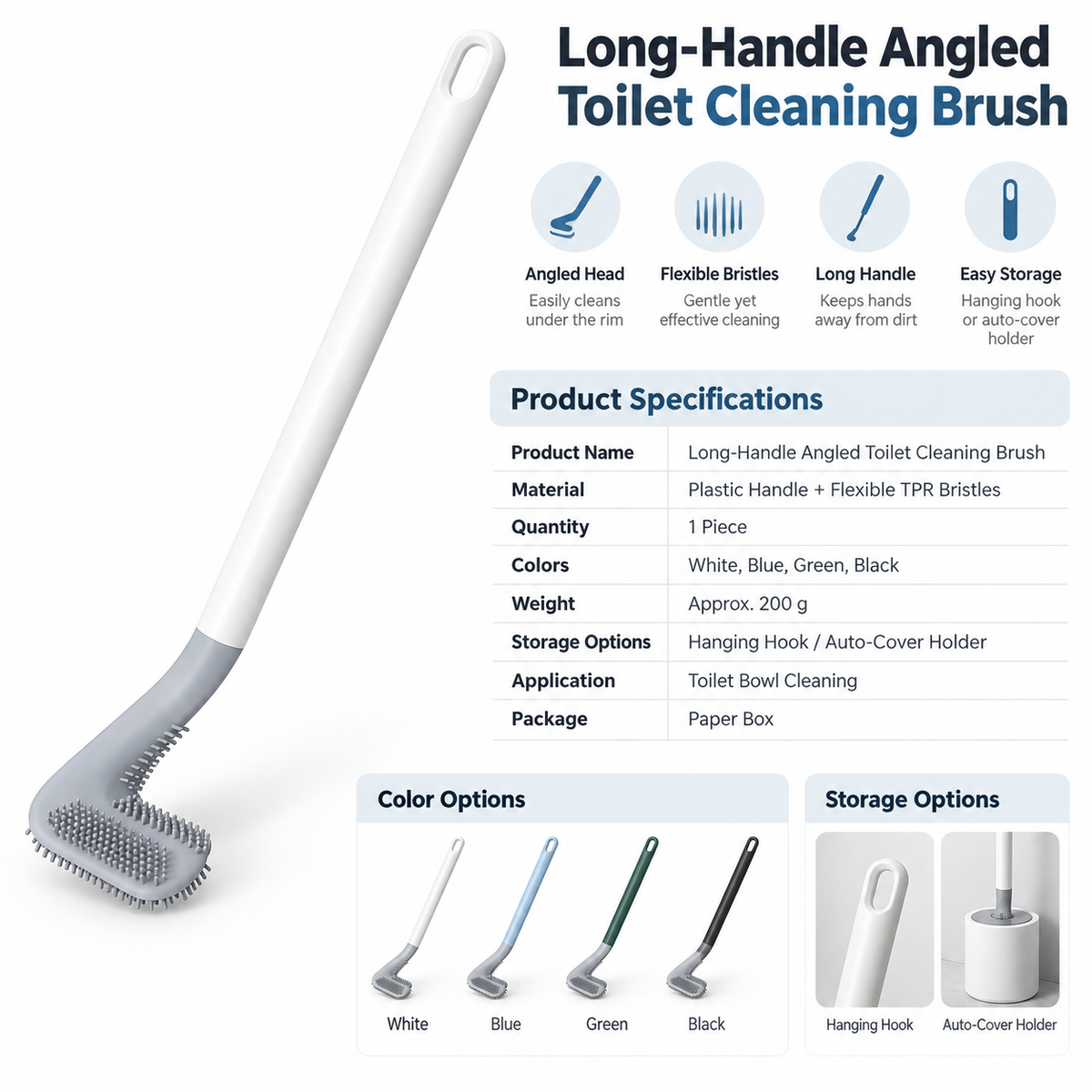 Long-Handle Angled Toilet Cleaning Brush with Flexible TPR Bristles