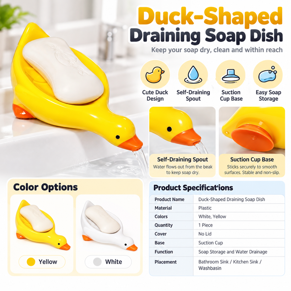 Cute Duck-Shaped Self-Draining Soap Dish with Suction Cup – Bathroom & Kitchen Soap Holder