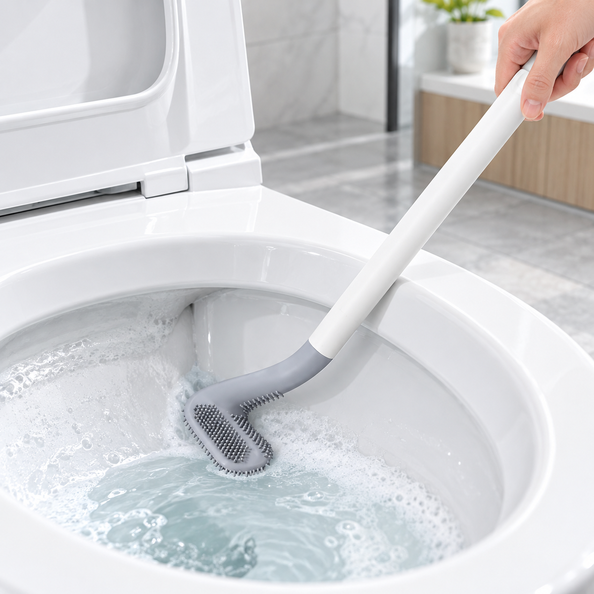Long-Handle Angled Toilet Cleaning Brush with Flexible TPR Bristles