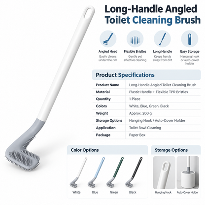 Long-Handle Angled Toilet Cleaning Brush with Flexible TPR Bristles
