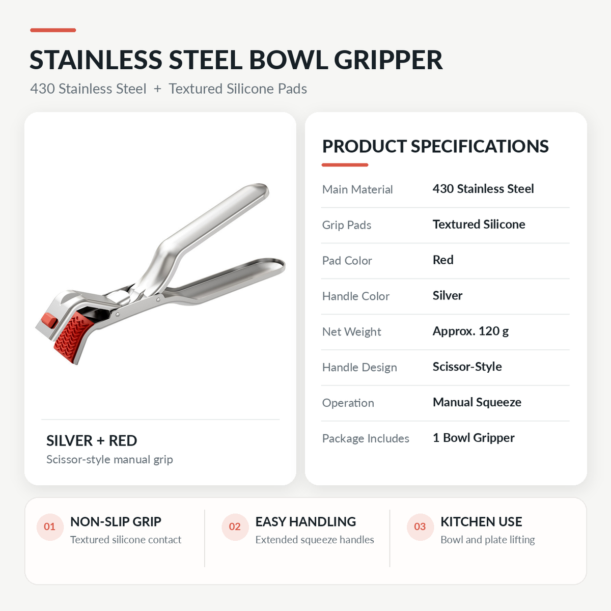 Stainless Steel Anti-Scald Bowl Gripper with Non-Slip Silicone Tips