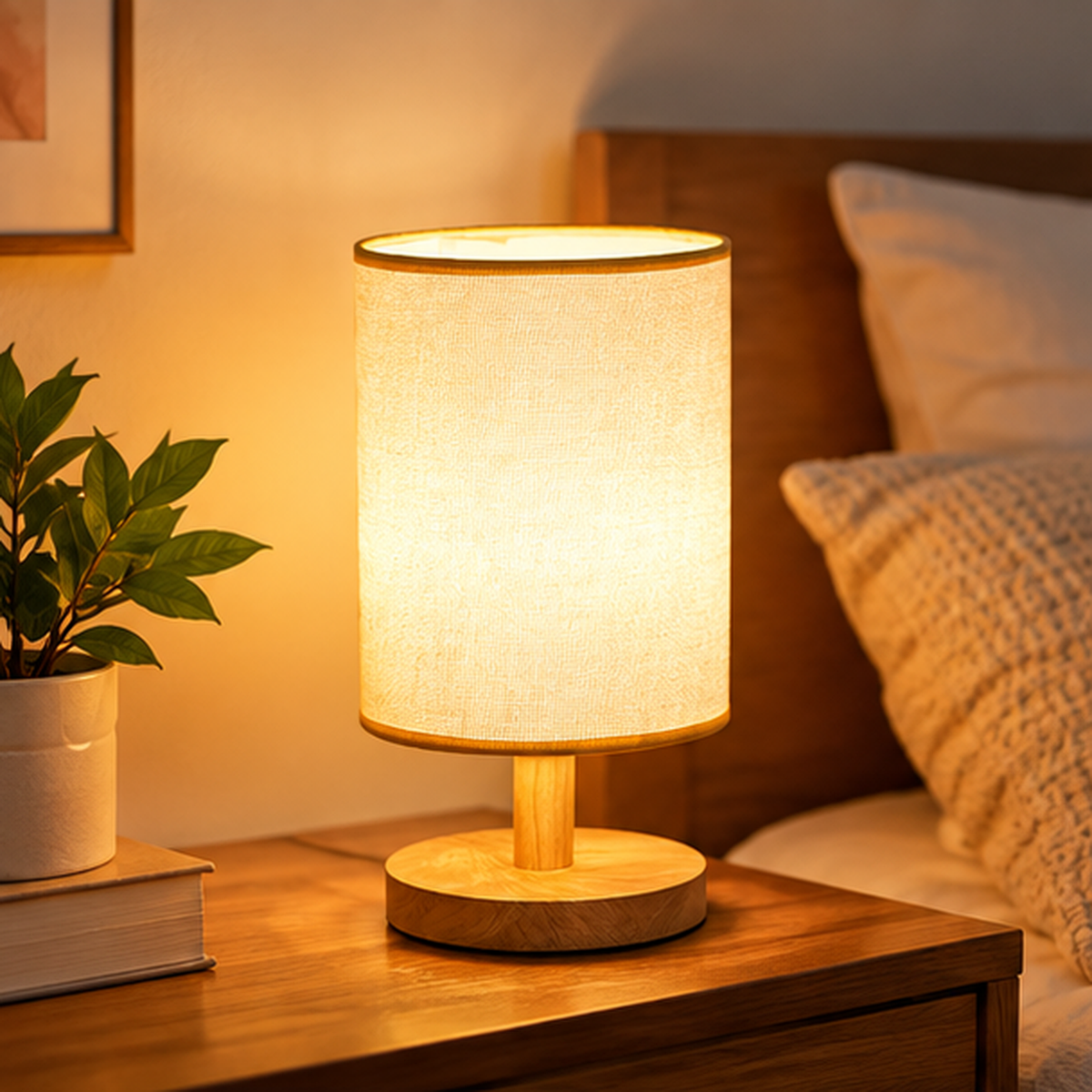 USB Rechargeable Wooden Table Lamp with Fabric Shade