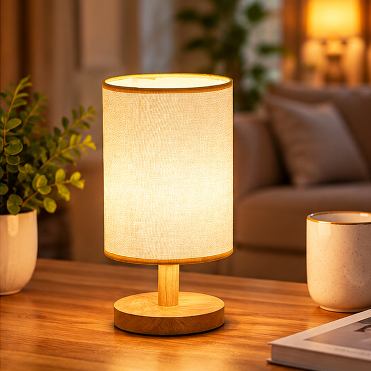 USB Rechargeable Wooden Table Lamp with Fabric Shade