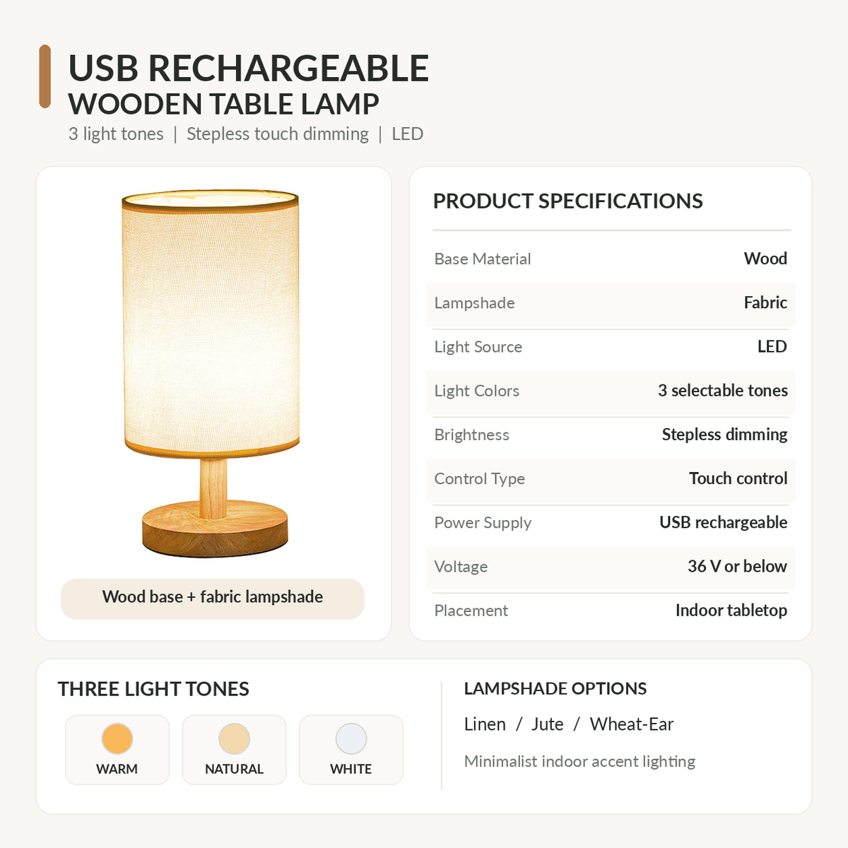 USB Rechargeable Wooden Table Lamp with Fabric Shade