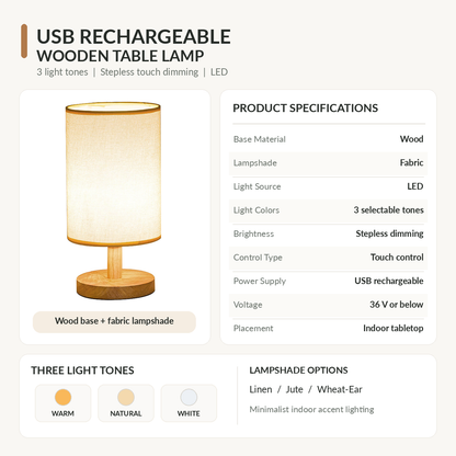 USB Rechargeable Wooden Table Lamp with Fabric Shade